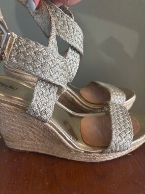 Braided Gold Wedge Sandals with Ankle Strap